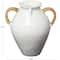 19" White Ceramic Jug Inspired Vase with Rattan Wrapped Handles